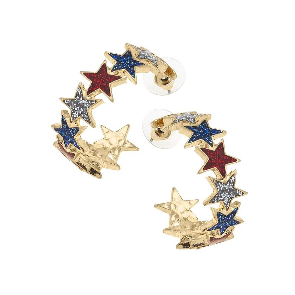 NEW CANVAS STYLE star spangled glitter hoop earrings in red/silver/blue